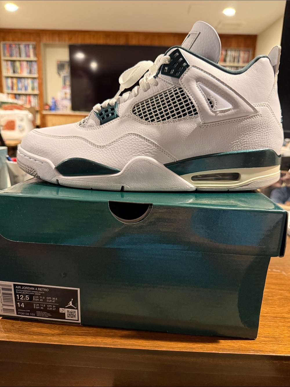 Air Jordan Retro 4 in White and Oxidized Green - Men’s 12.5